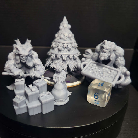 Christmas Themed Miniatures Set: Yeti Family, Tree, Presents, and Baubles
